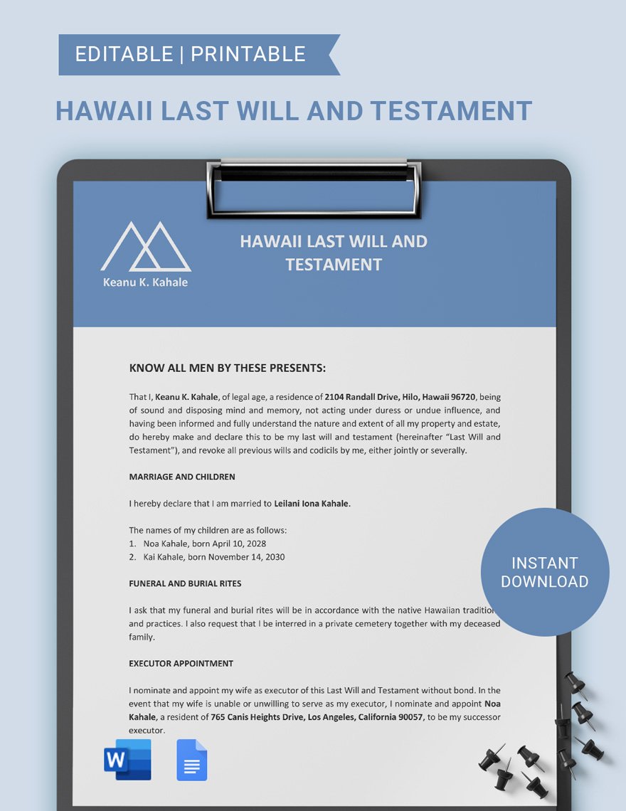 Hawaii Last Will And Testament Template in Word, Google Docs