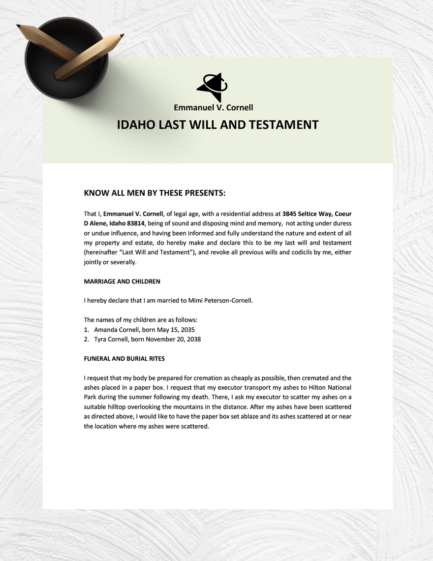Idaho Last Will And Testament Template