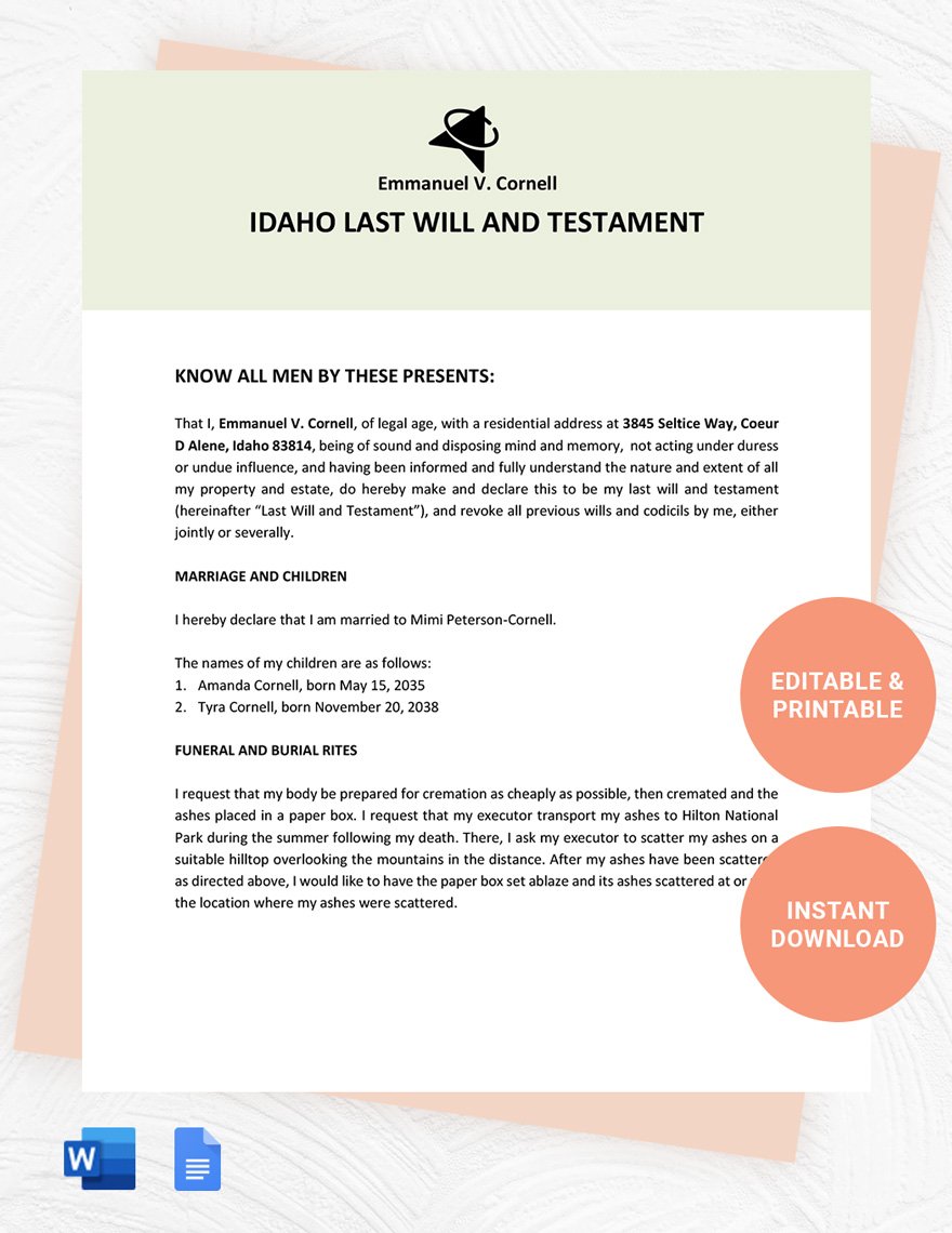Idaho Last Will And Testament Template in Word, Google Docs