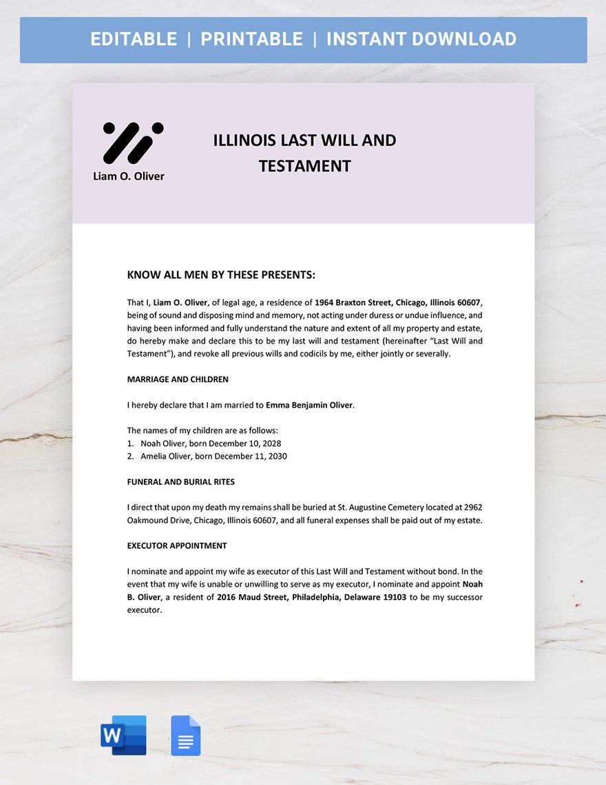 Illinois Last Will And Testament Template in Word, Google Docs, PDF