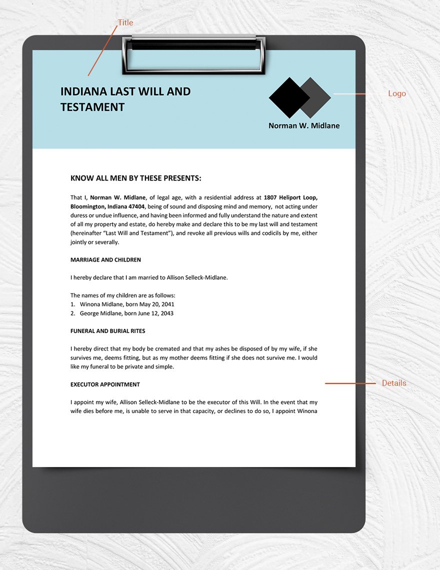 Indiana Last Will And Testament Template