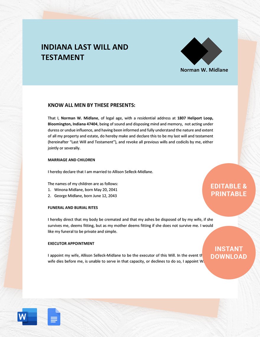 Indiana Last Will And Testament Template in Word, Google Docs