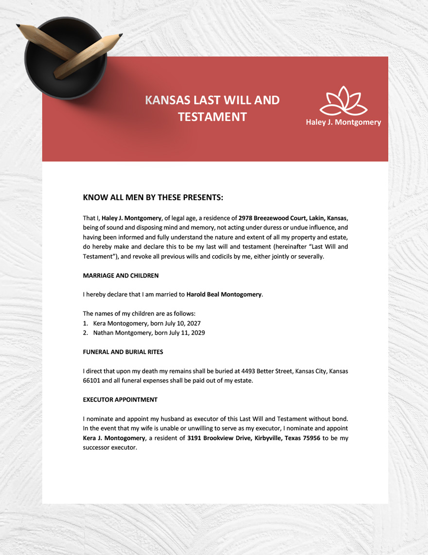Kansas Last Will And Testament Template