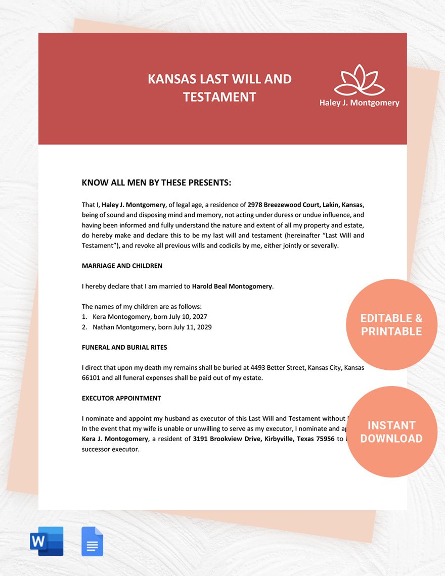 Kansas Last Will And Testament Template