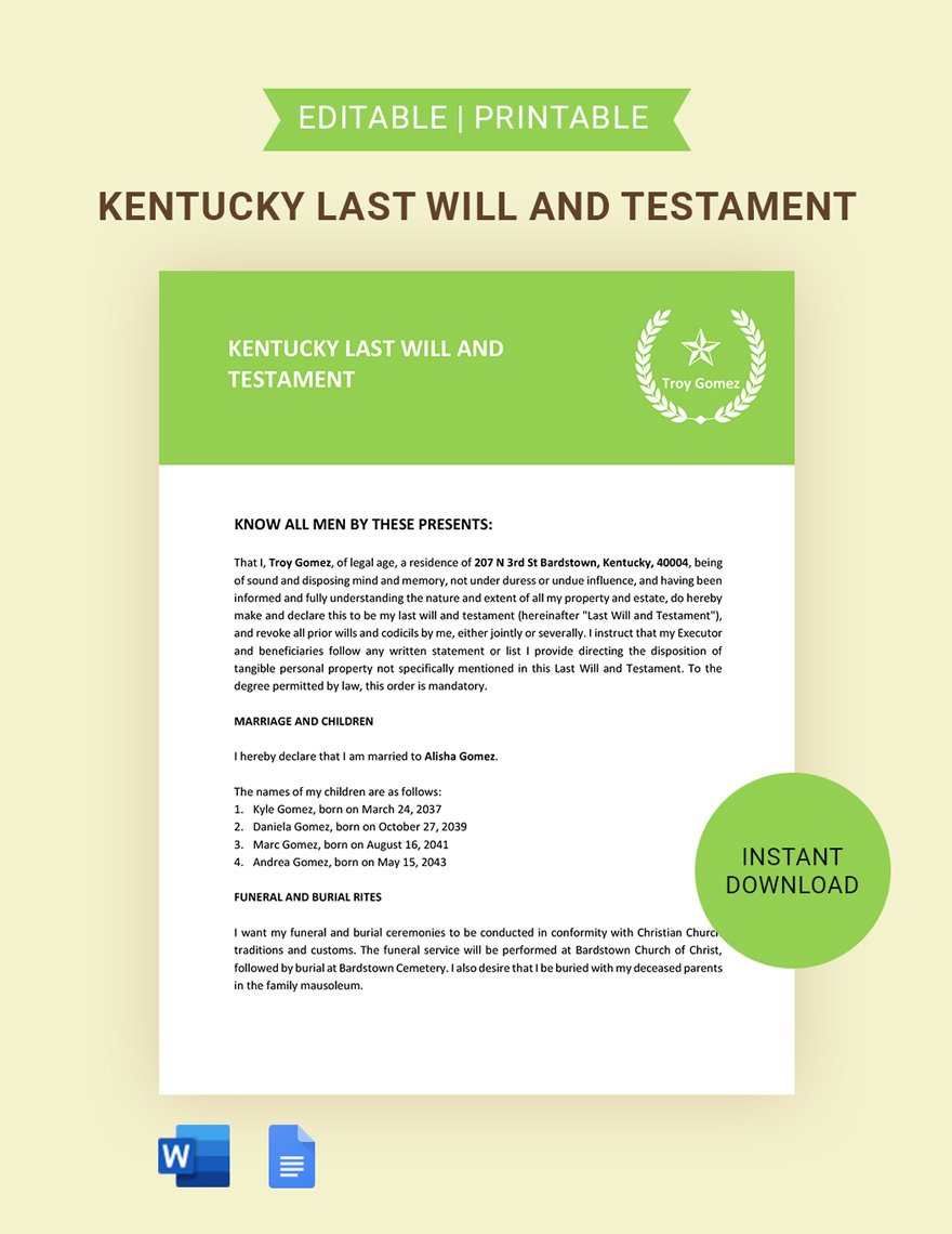 Kentucky Last Will And Testament Template