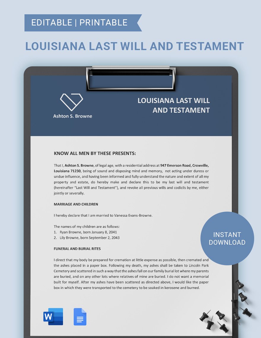 Louisiana Last Will And Testament Template