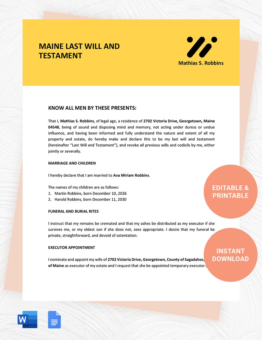 Maine Last Will And Testament Template in Word, Google Docs