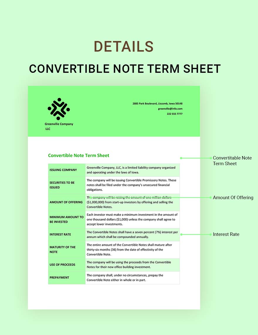 Convertible Note Term Sheet Template