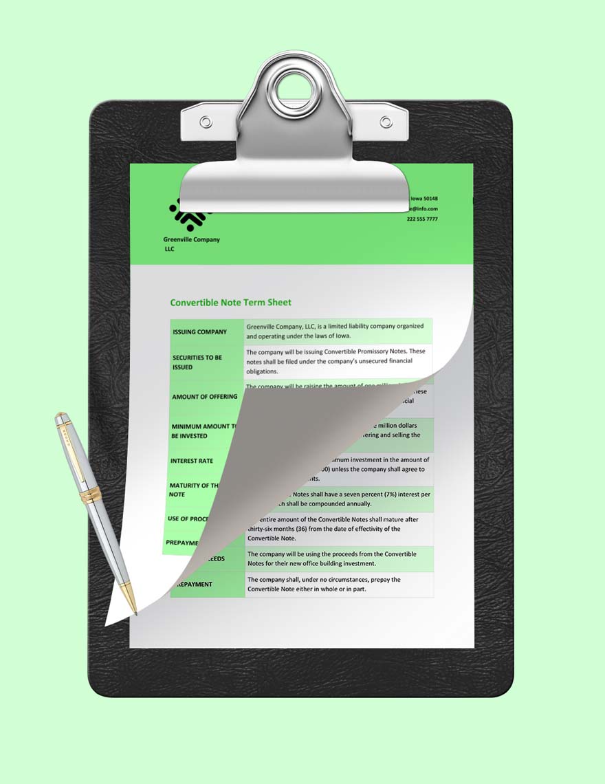 Convertible Note Term Sheet Template in Google Docs Word Download