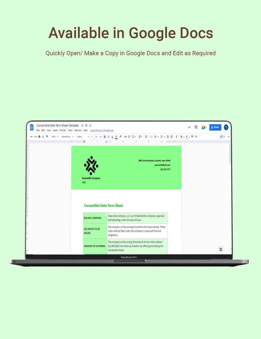 Convertible Note Term Sheet Template in Google Docs Word Download