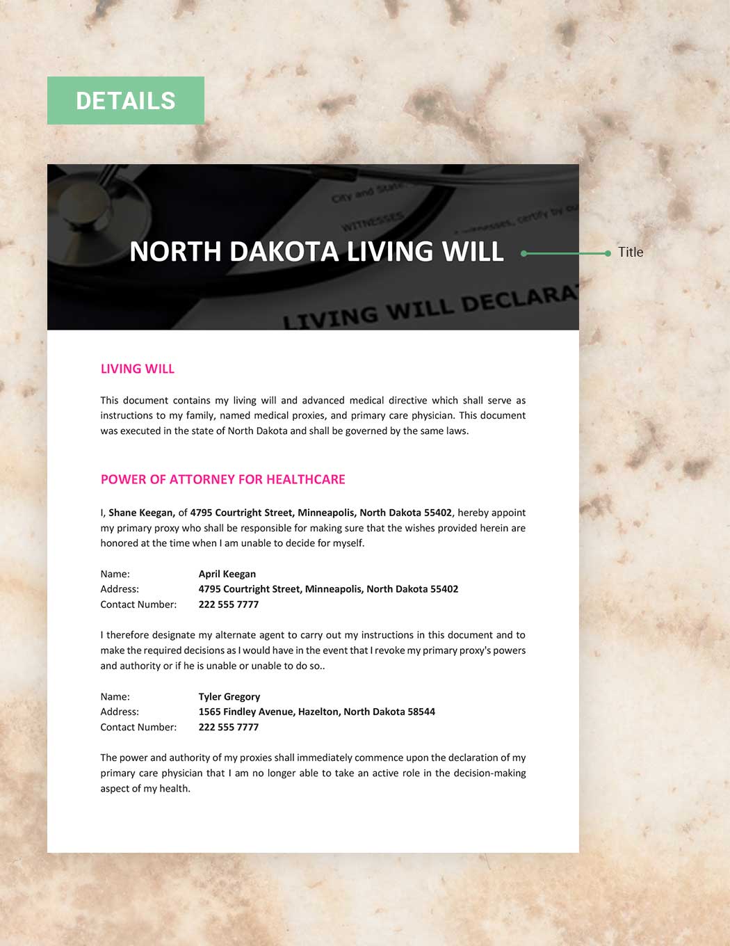 North Dakota Living Will Template