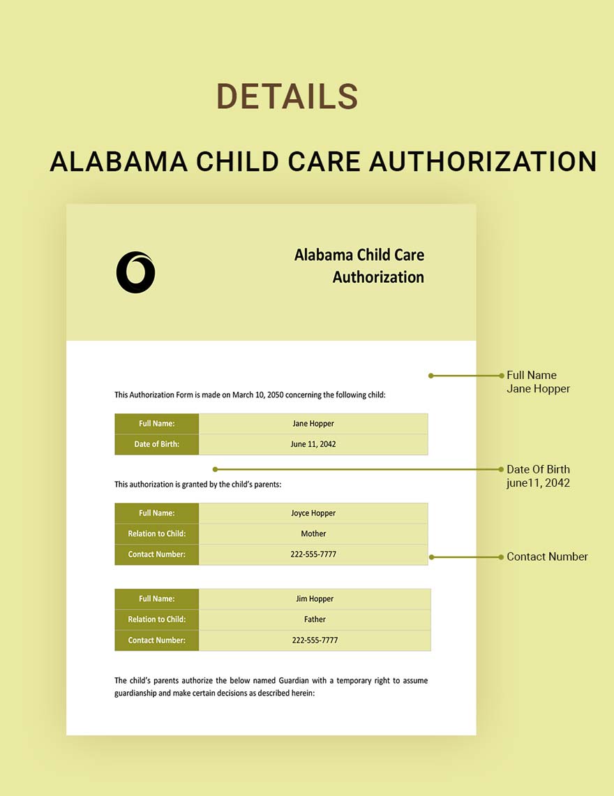 Alabama Child Care Authorization Template