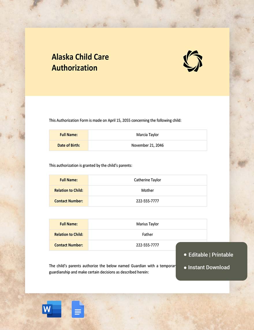 Alaska Child Care Authorization Template in Word, Google Docs