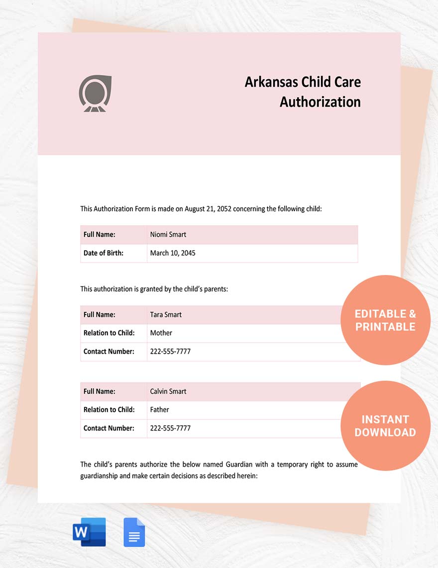 Arkansas Child Care Authorization Template in Word, Google Docs