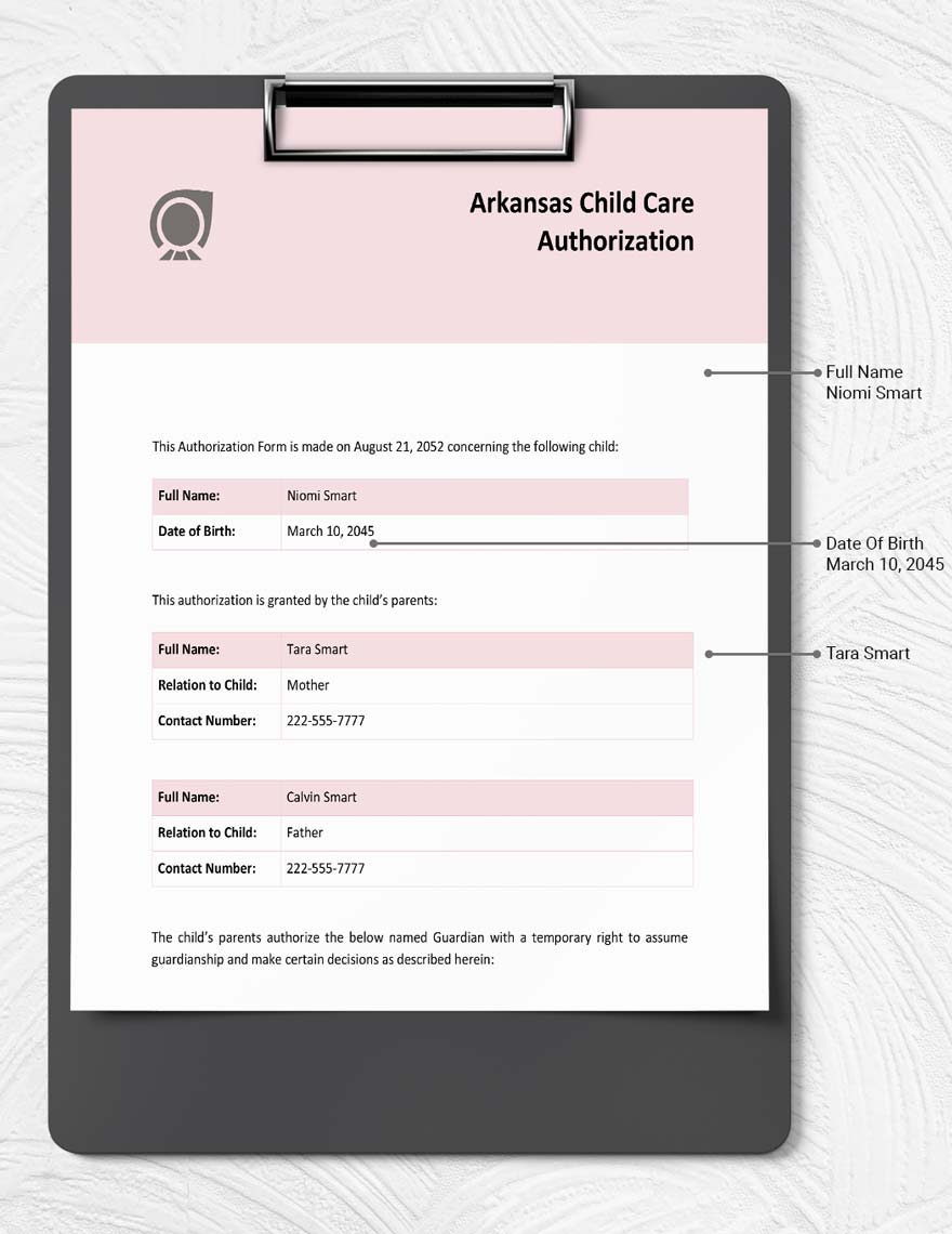 Arkansas Child Care Authorization Template
