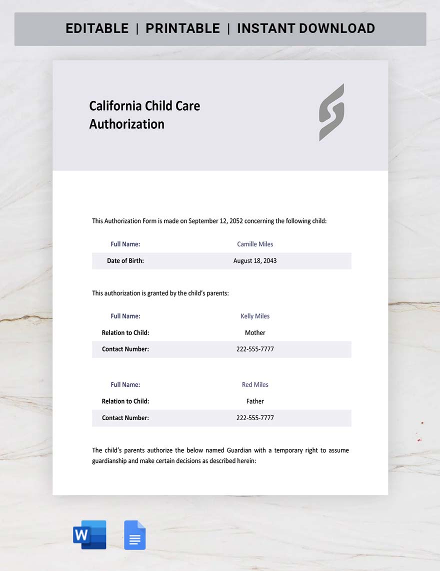 California Child Care Authorization Template in Word, Google Docs