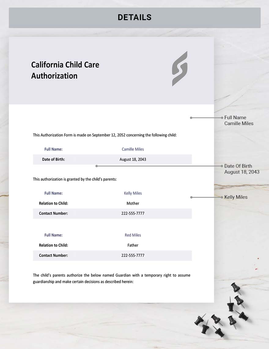 California Child Care Authorization Template
