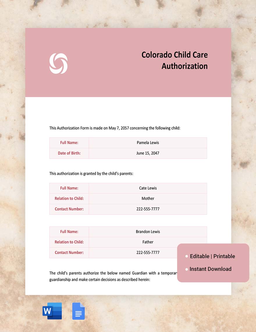 Colorado Child Care Authorization Template in Word, Google Docs