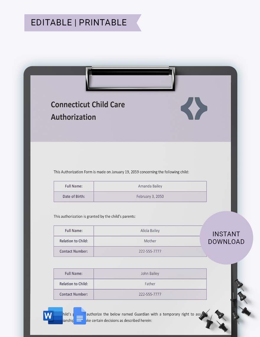 Connecticut Child Care Authorization Template in Word, Google Docs