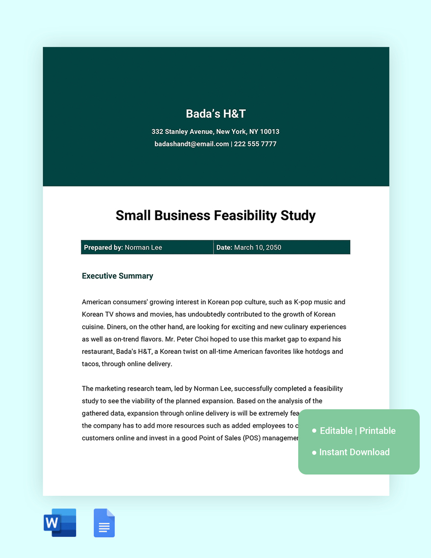 Small Business Feasibility Study Format Printable Form Templates And 