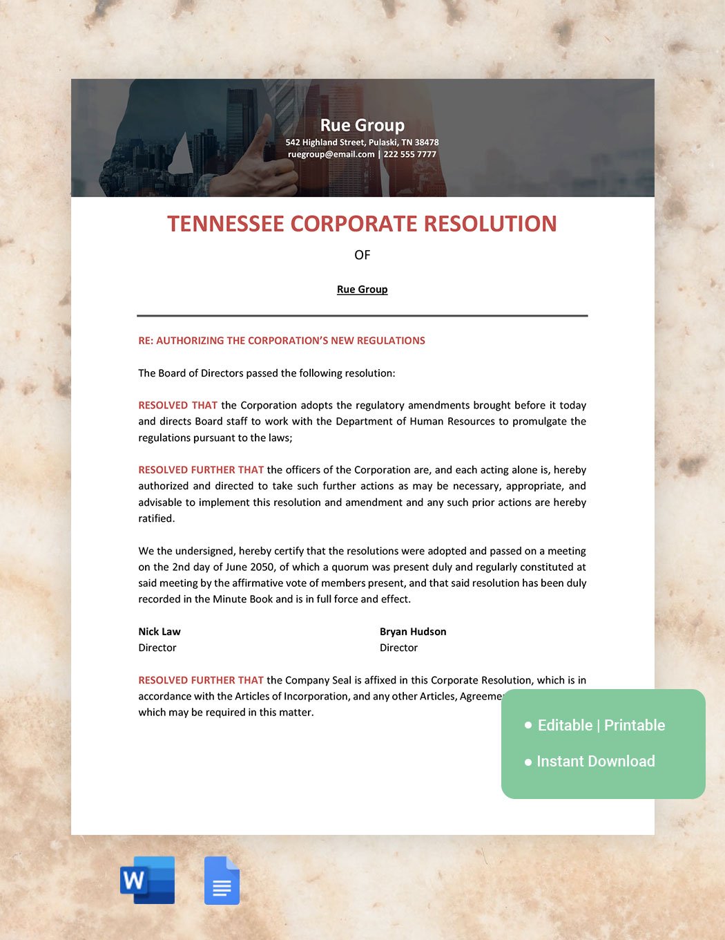 Tennessee Corporate Resolution Template in Word, Google Docs