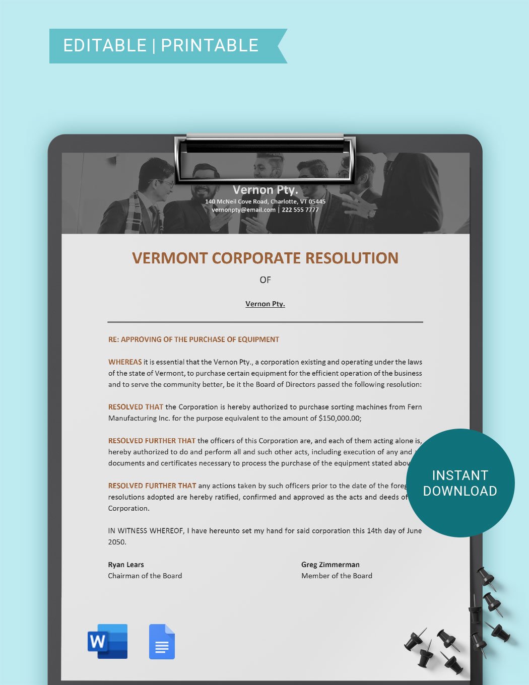 Vermont Corporate Resolution Template in Word, Google Docs