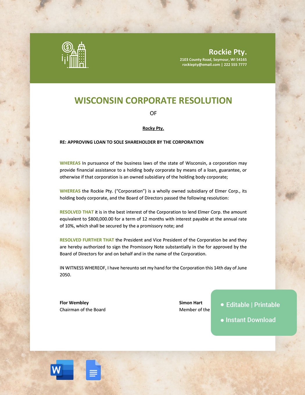 Wisconsin Corporate Resolution Template in Word, Google Docs