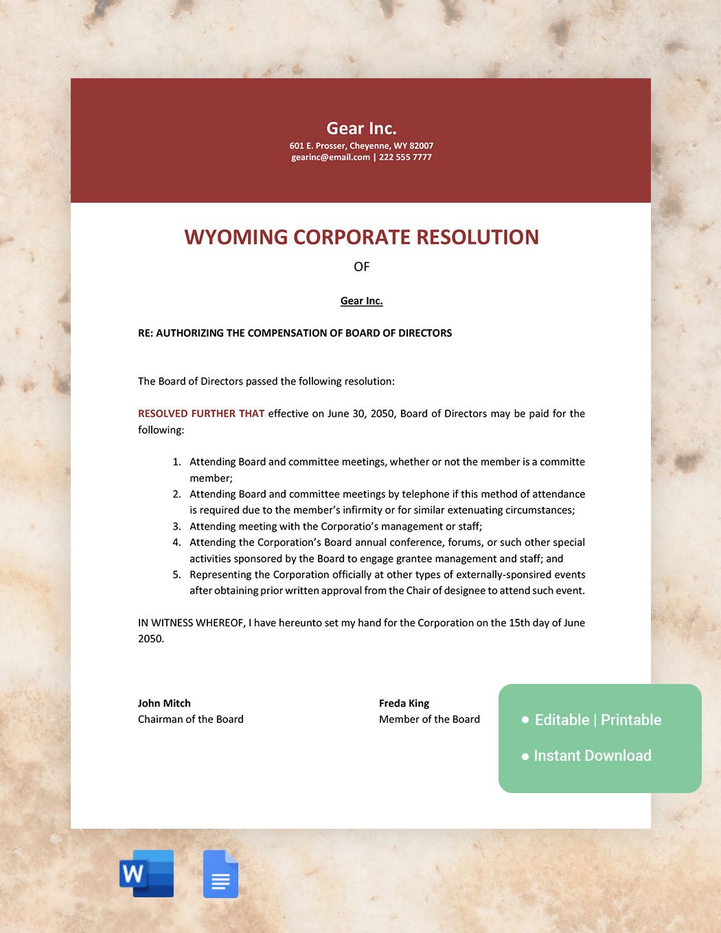 Wyoming Corporate Resolution Template in Word, Google Docs