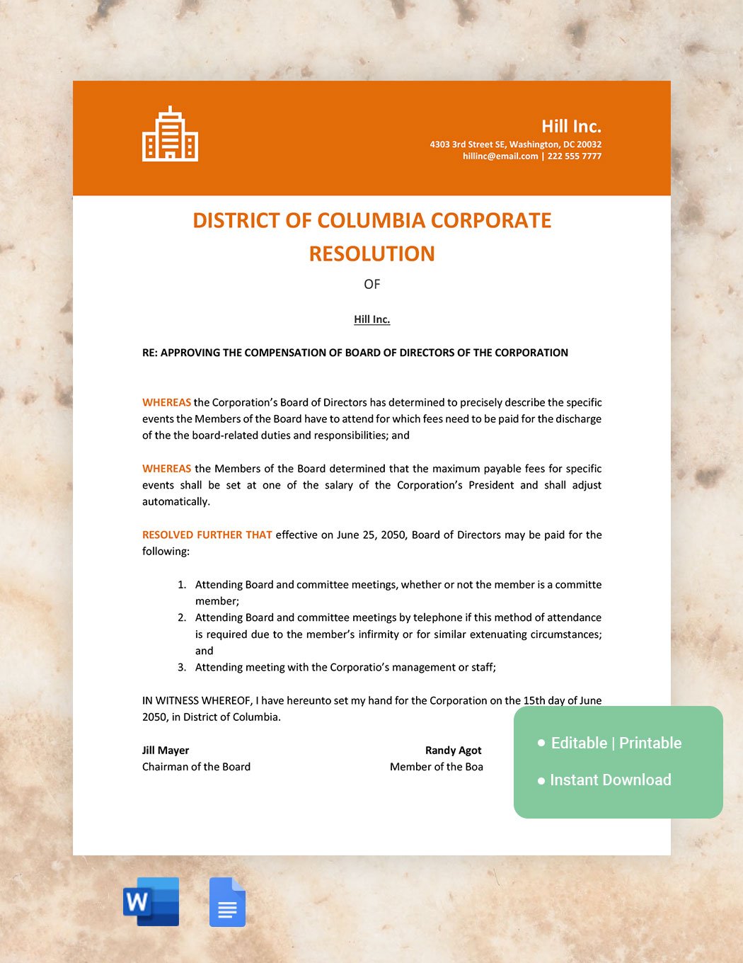 District Of Columbia Corporate Resolution Template in Word, Google Docs