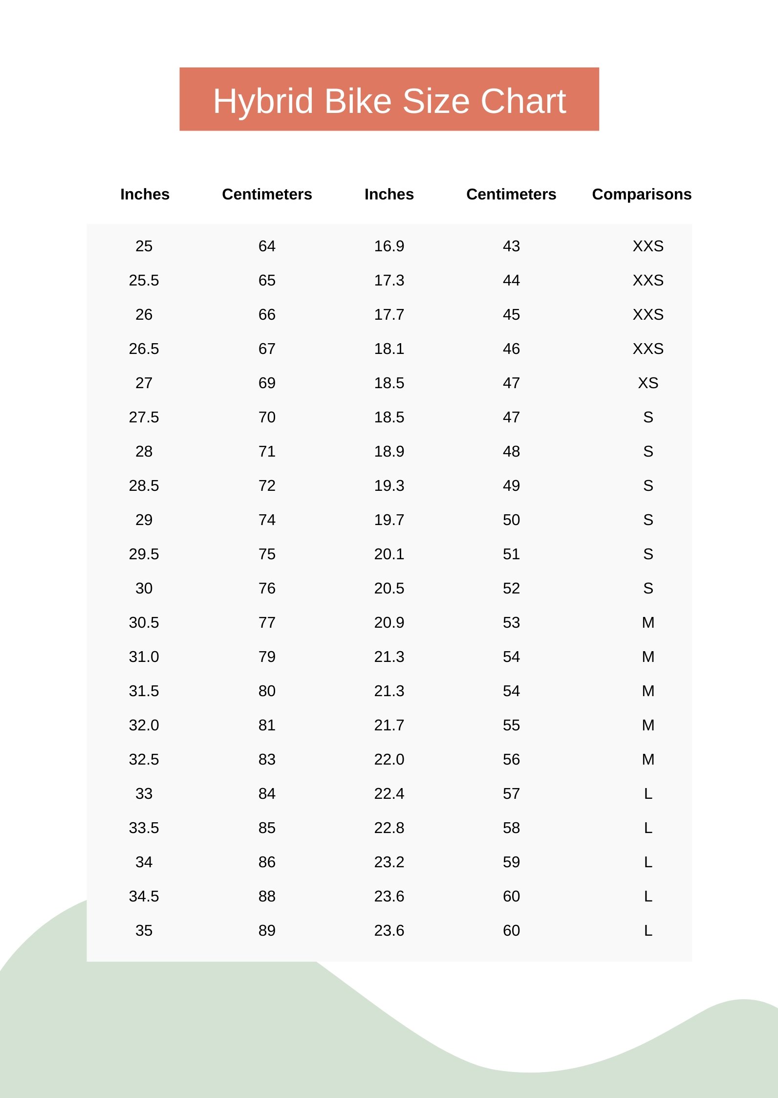 Free Hybrid Bike Size Chart PDF