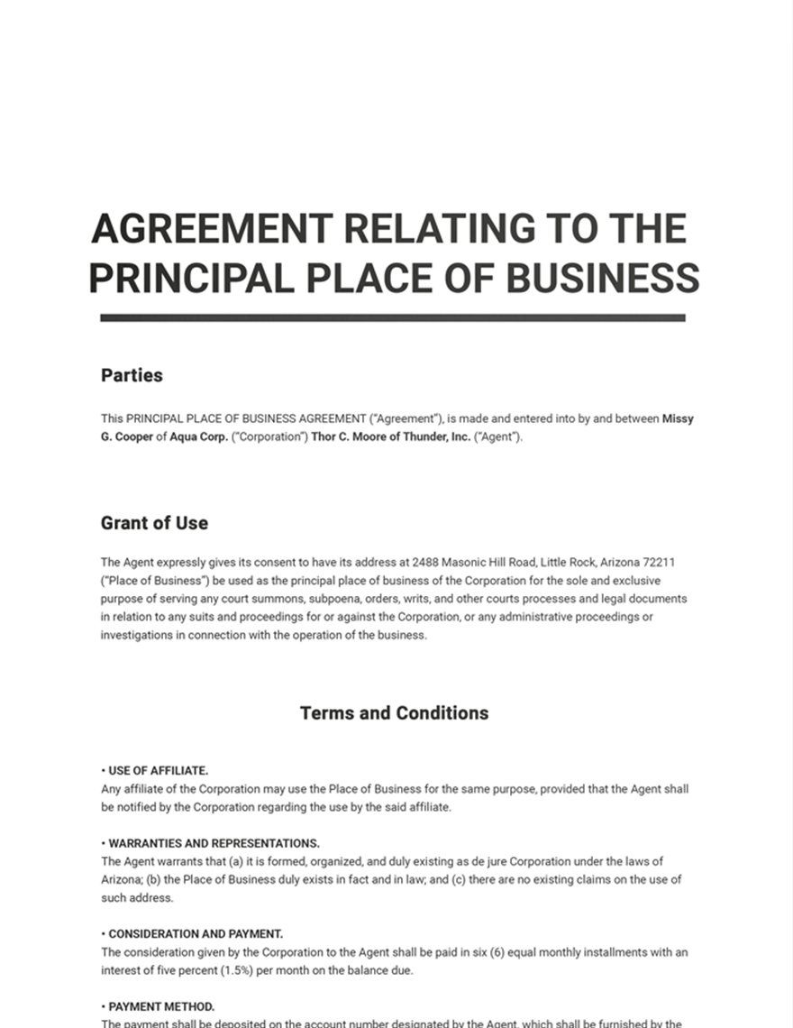 Agreement Relating to the Principal Place of Business Template