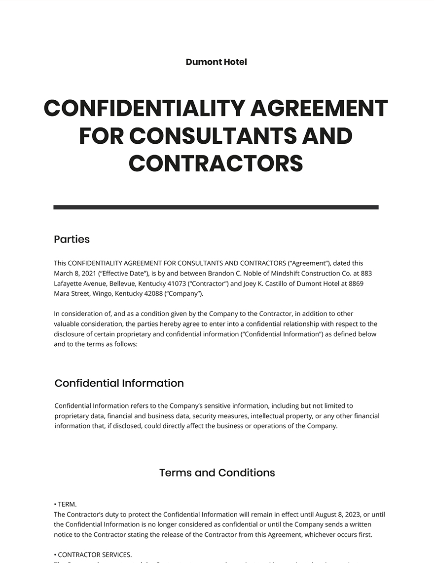 Confidentiality Agreement for Consultants, Contractors Template