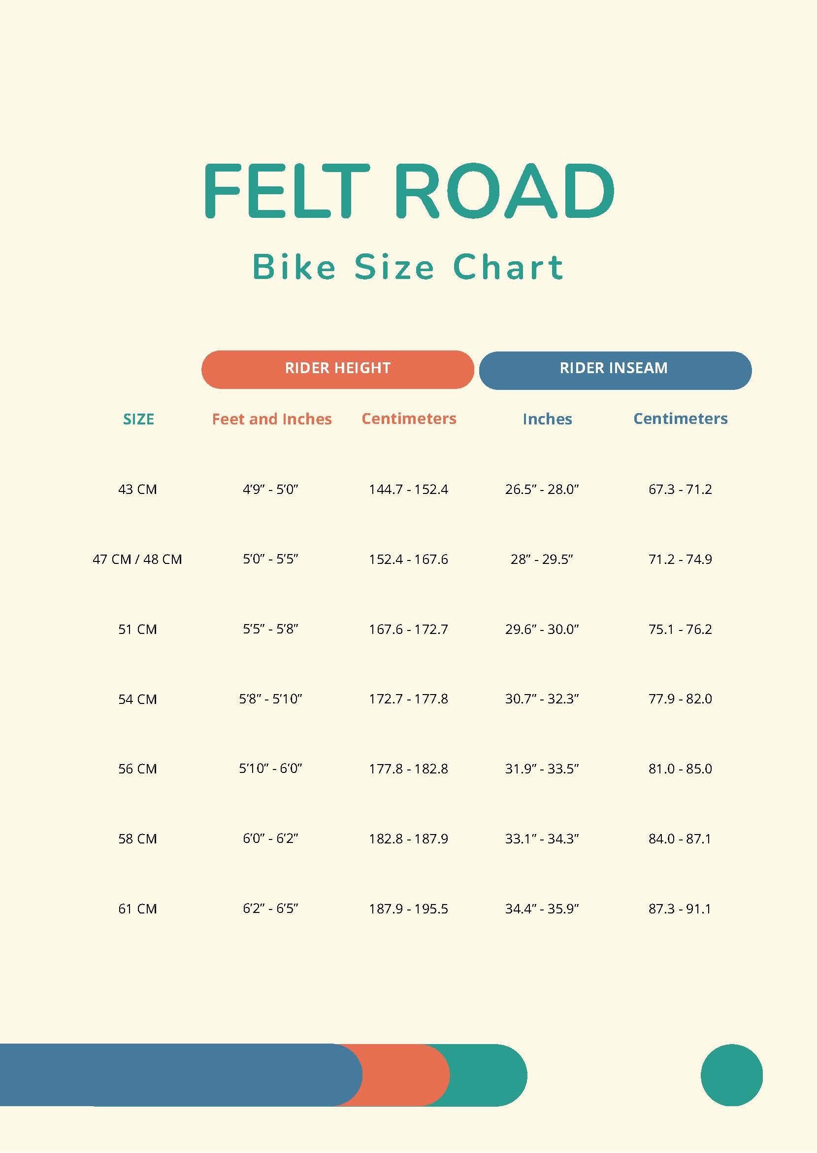 Felt Road Bike Size Chart in PDF