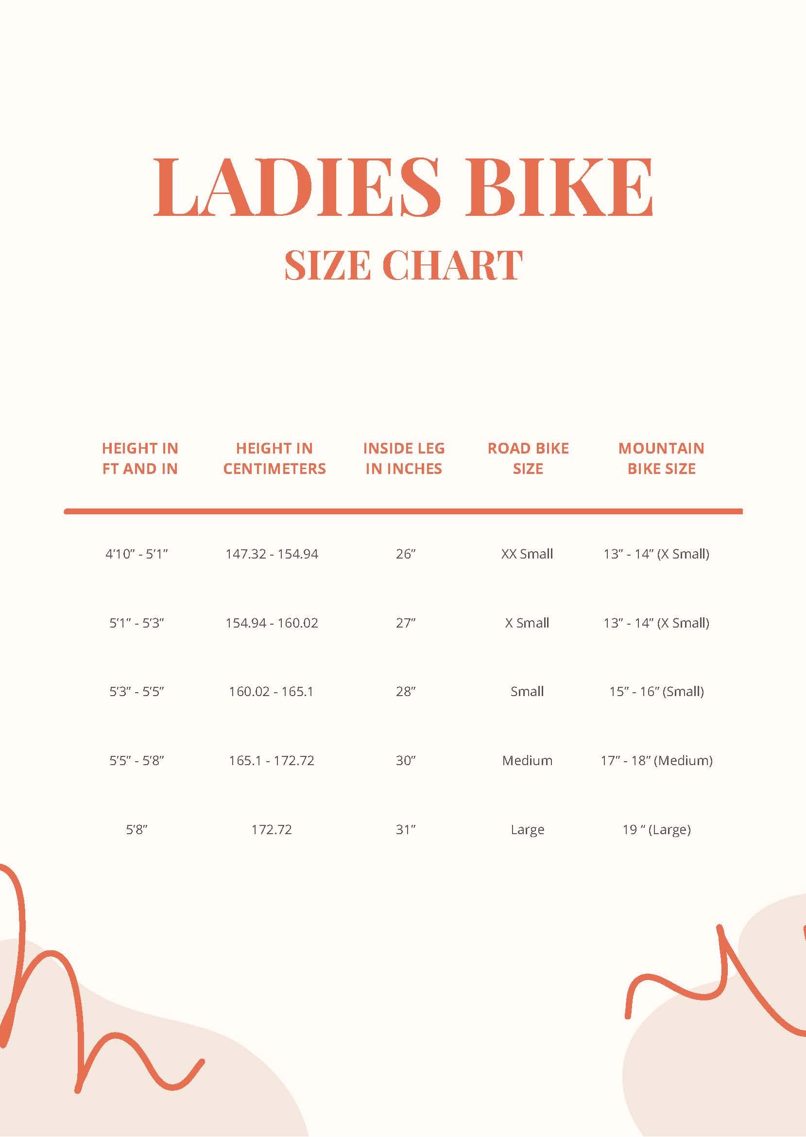 Ladies Bike Size Chart in PDF