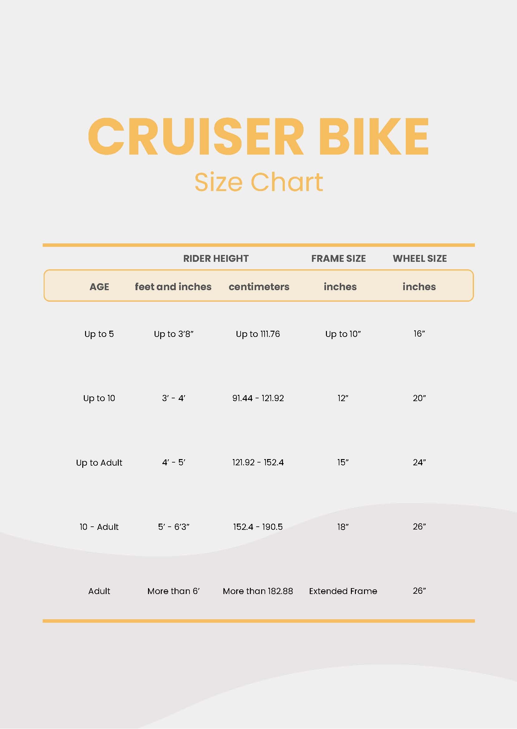 Cruiser Bike Size Chart in PDF
