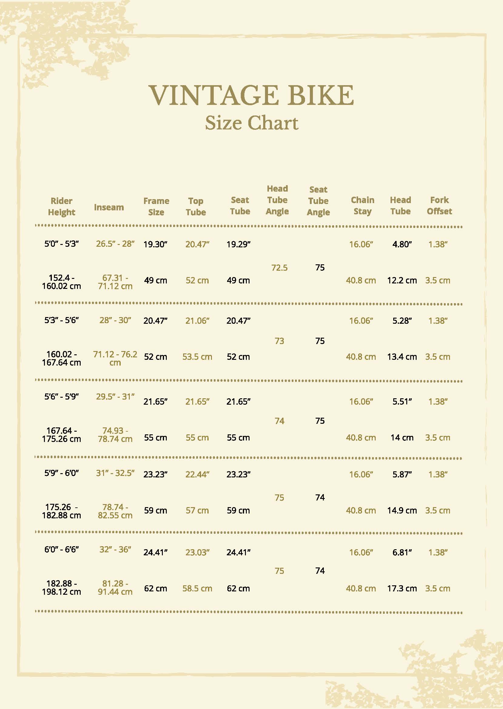 Vintage Bike Size Chart in PDF