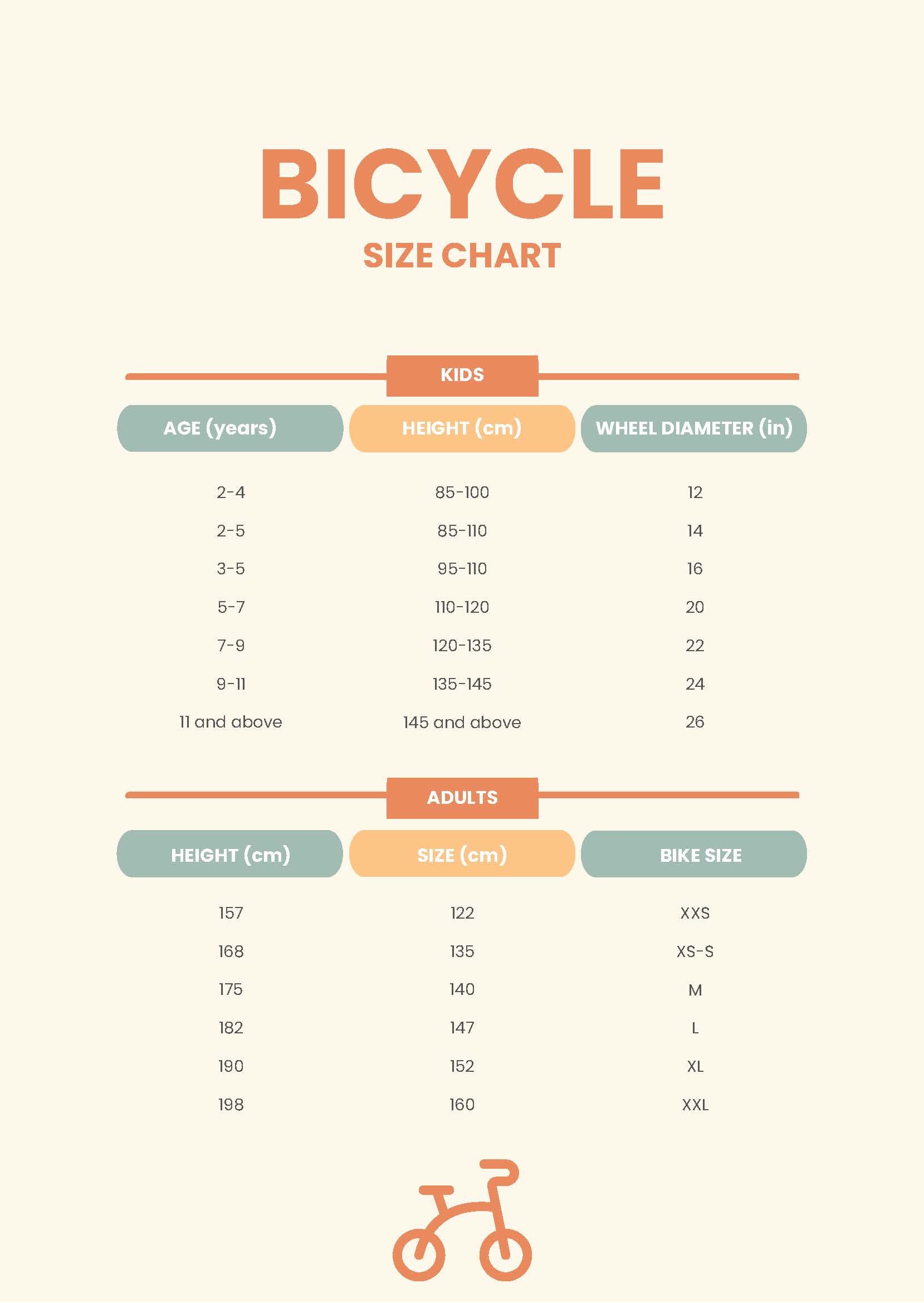 Bicycle Size Chart in PDF