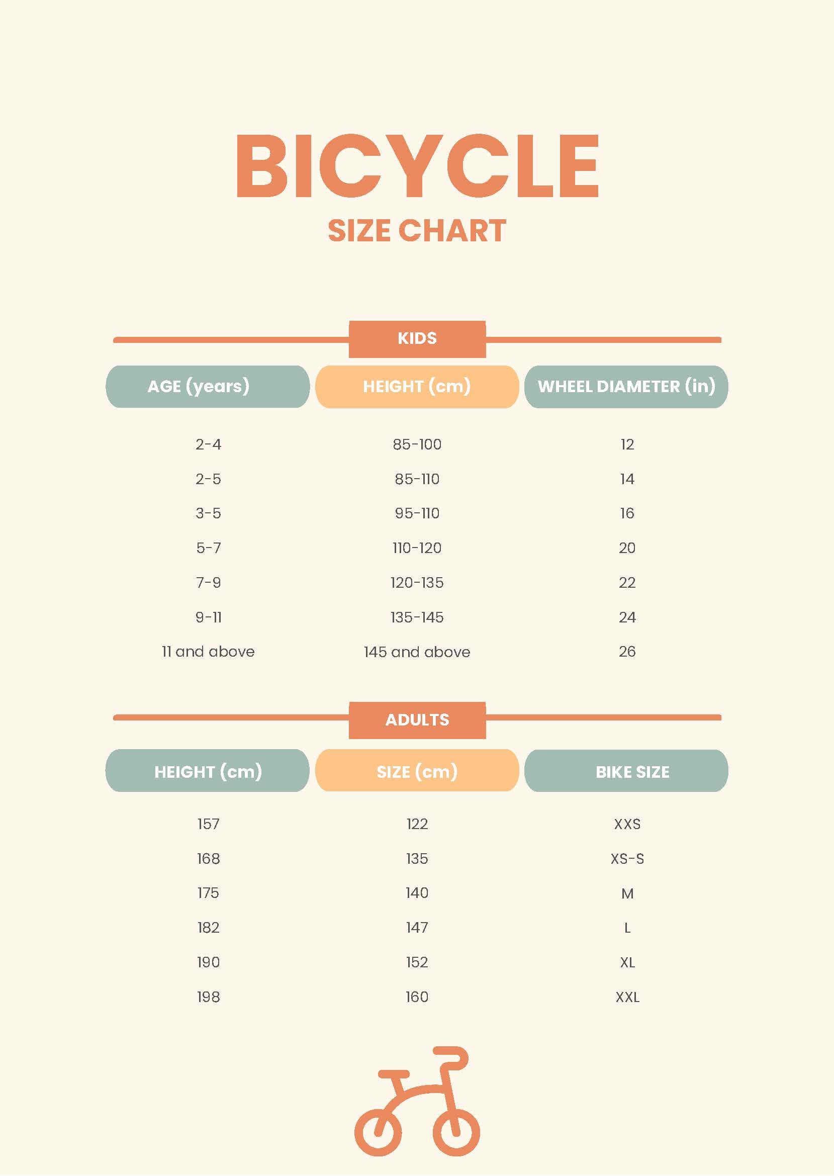 Bicycle Size Chart in PDF