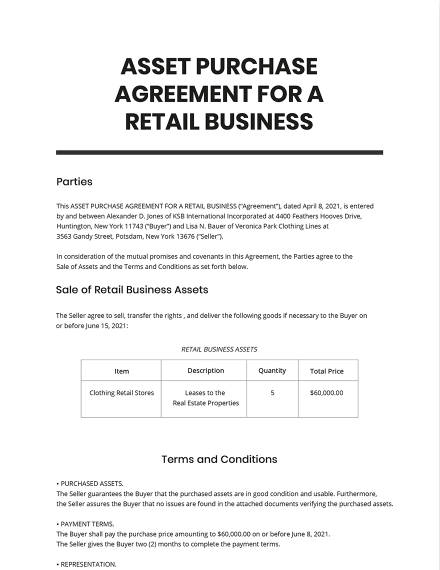 Asset Purchase Agreement For a Retail Business Template