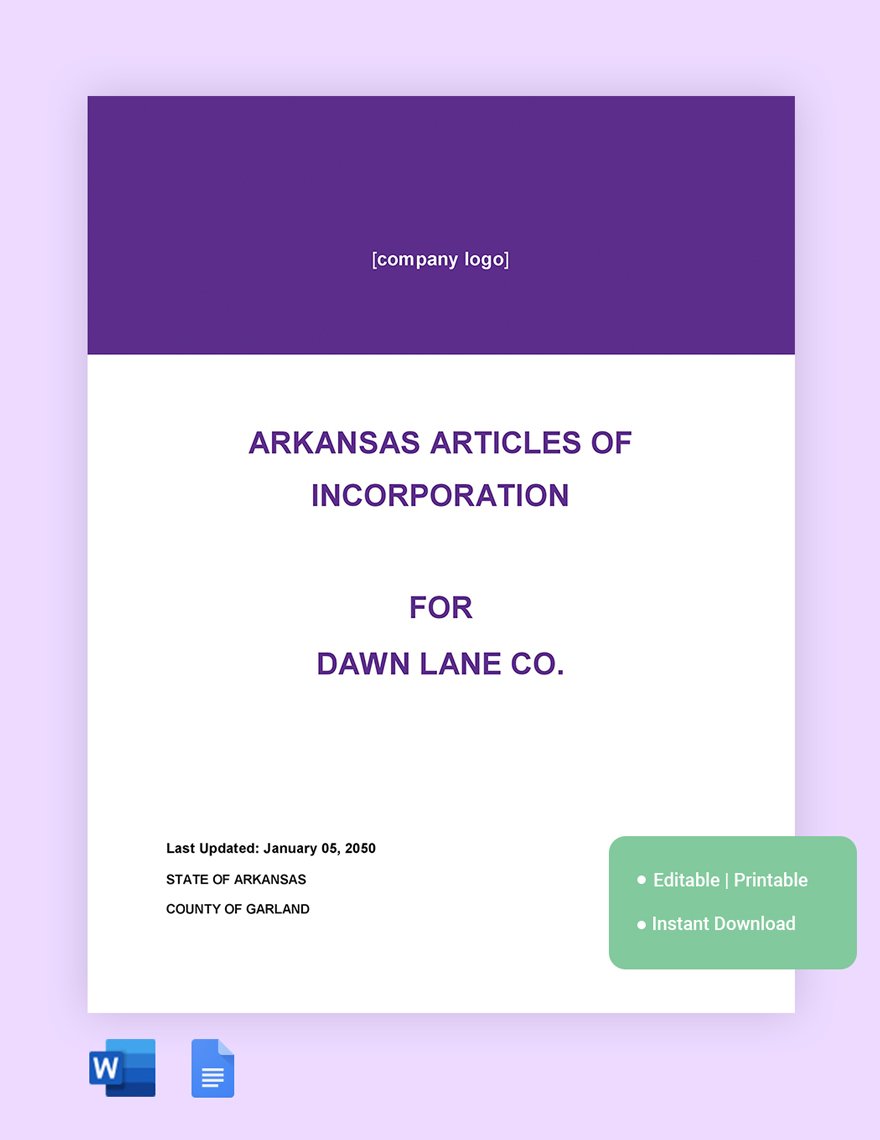 Arkansas Articles Of Incorporation Template in Word, Google Docs