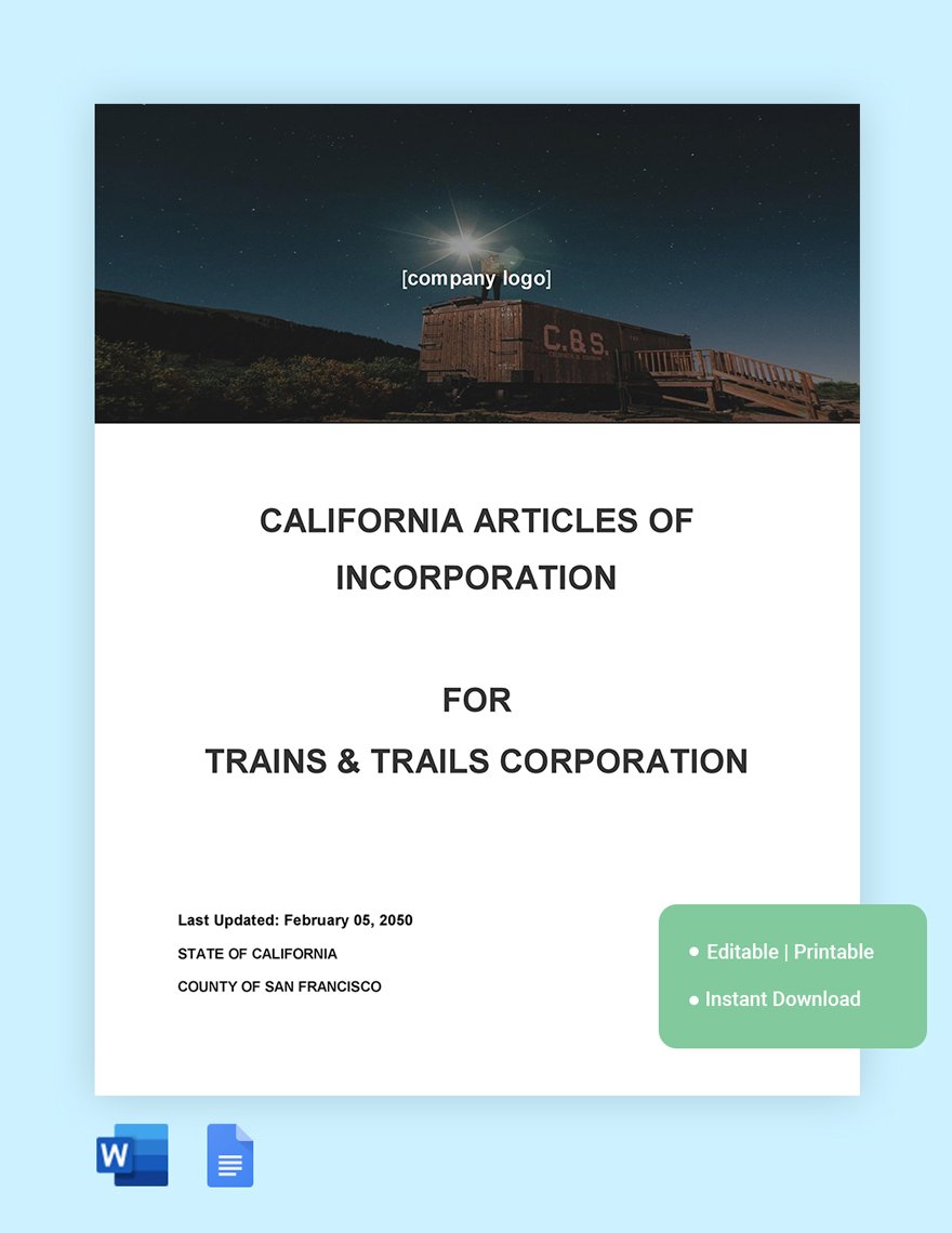 California Articles Of Incorporation Template in Word, Google Docs