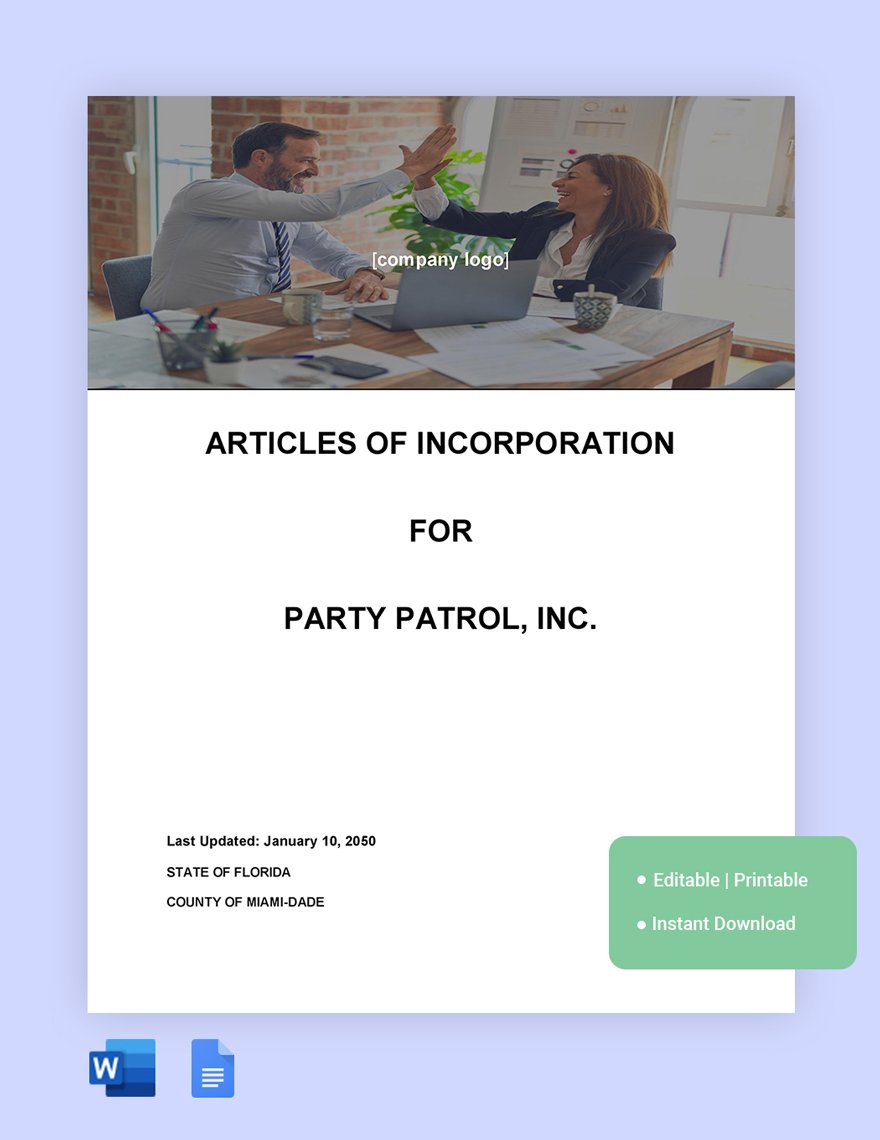 Florida Articles Of Incorporation Template in Word, Google Docs