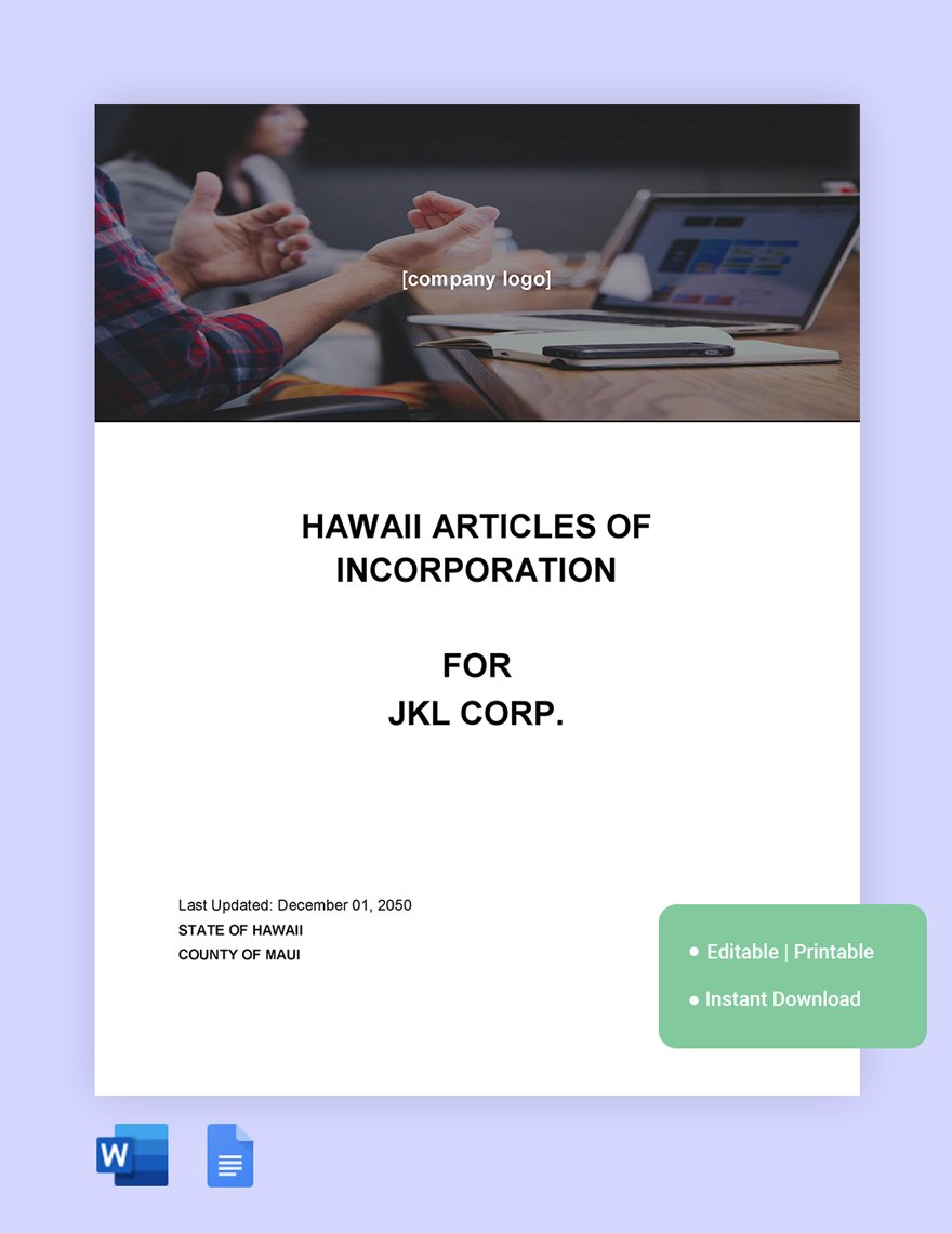 Hawaii Articles Of Incorporation Template in Word, Google Docs
