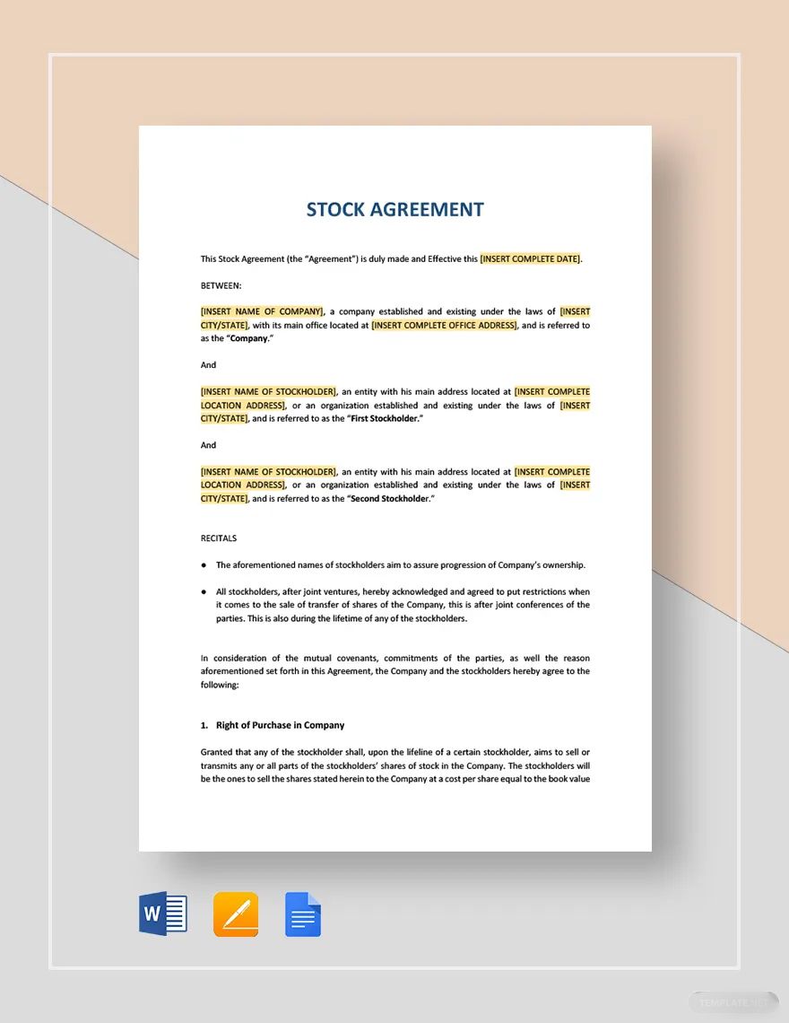 Stock Agreement Template in Word, Google Docs, Apple Pages