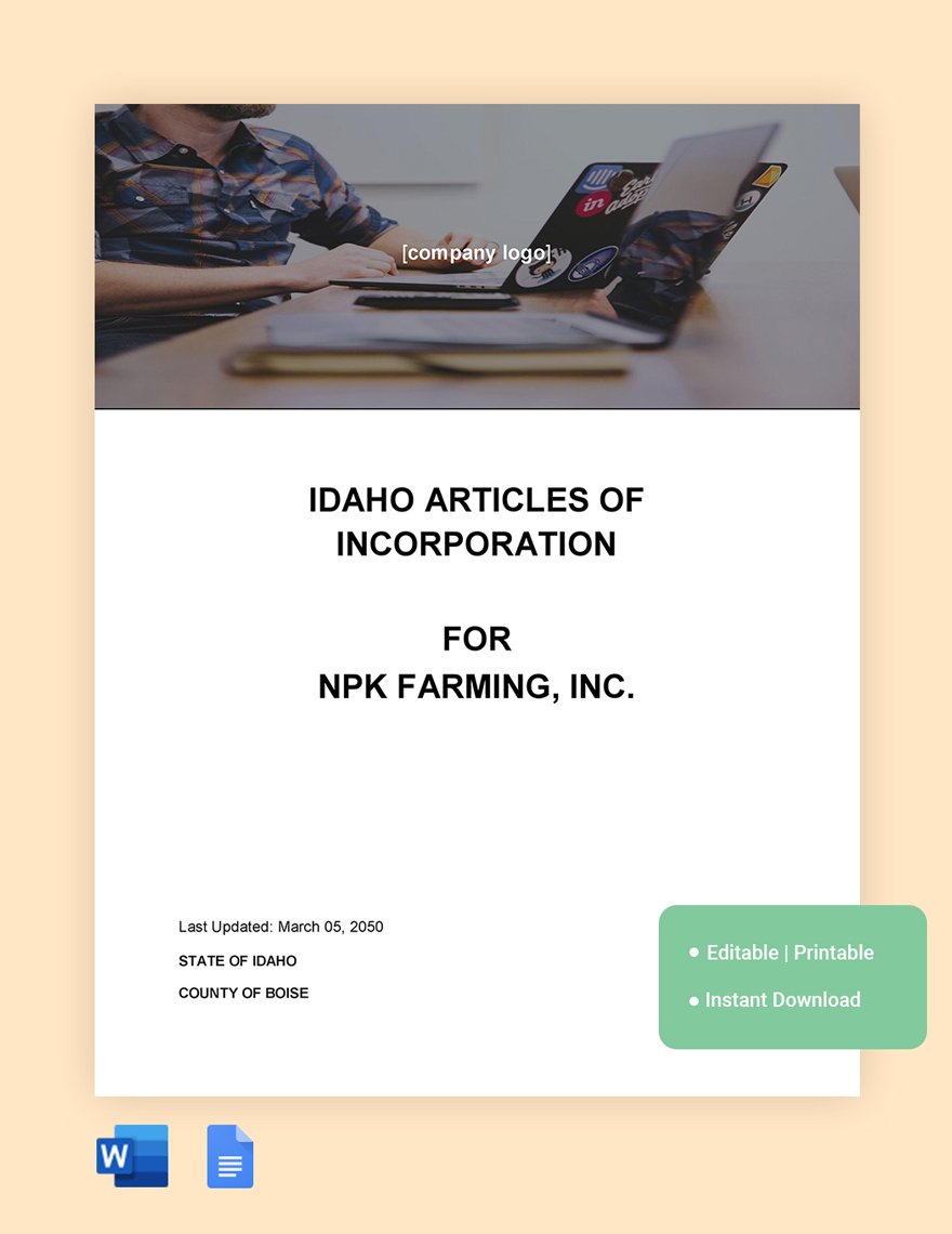 Idaho Articles Of Incorporation Template in Word, Google Docs