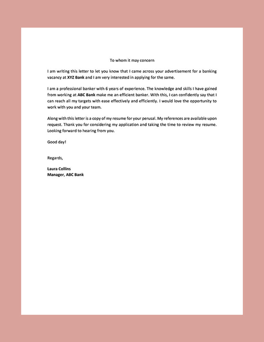 Professional Banking Resume Cover Letter Template