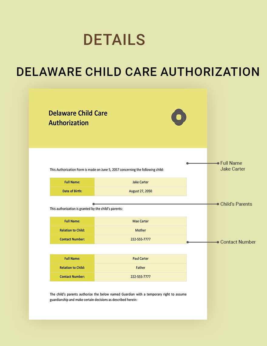Delaware Child Care Authorization Template