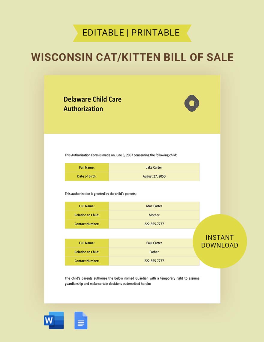 Delaware Child Care Authorization Template in Word, Google Docs