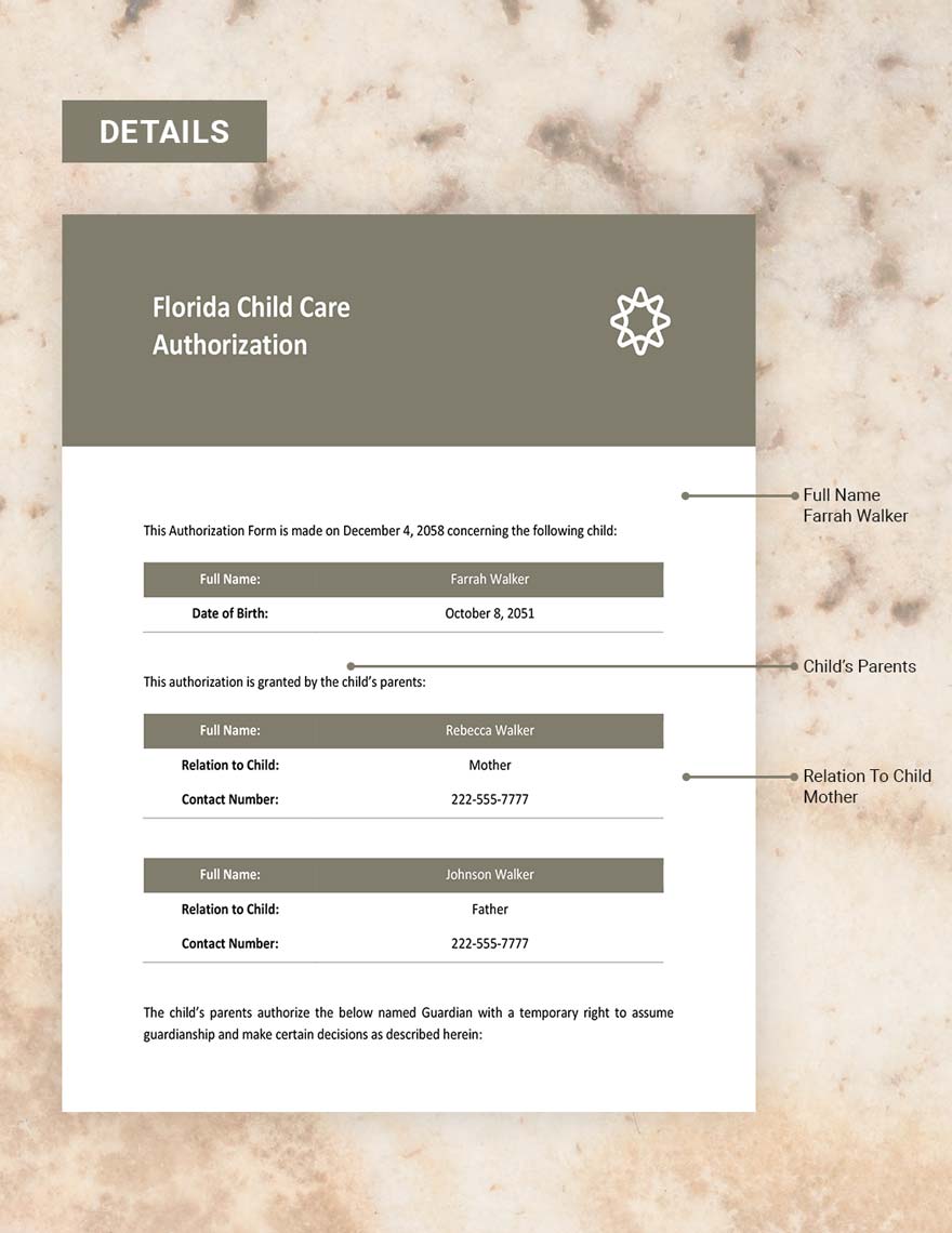 Florida Child Care Authorization Template
