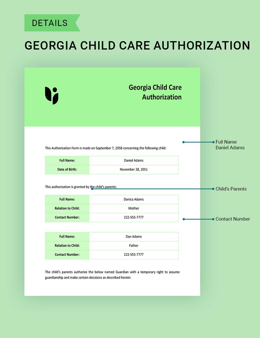 Georgia Child Care Authorization Template